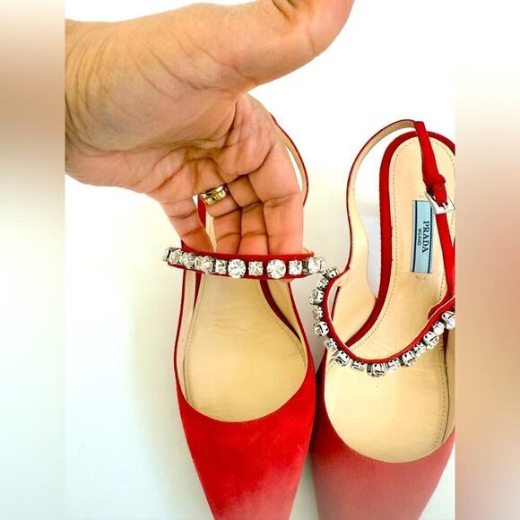 Prada Red Suede Leather Crystal embellished Mary Jane Sling back pumps EU 38.5 - Picture 3 of 11